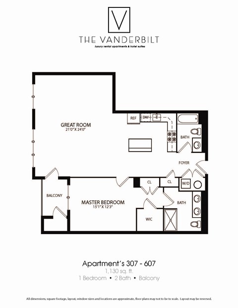 Floor plan for 1 bed, 2 baths, 1130 sqft